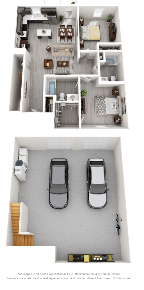 a 3d rendering of the first floor of a house with a car and a